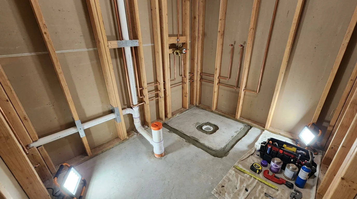 Bathroom rough-in plumbing during remodel by Johns Plumbing LLC in Milford