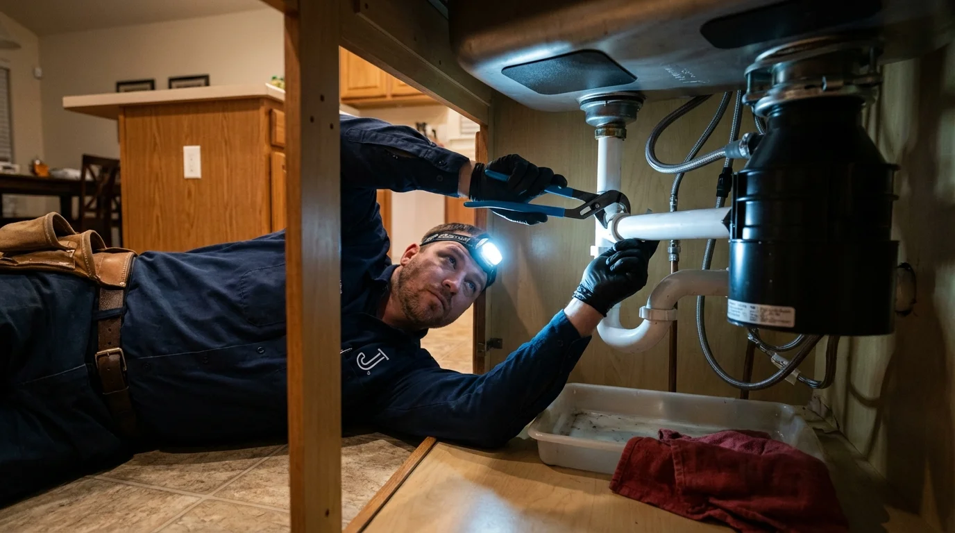 P-trap and supply line connections under a kitchen sink showing a common leak point in Milford, UT